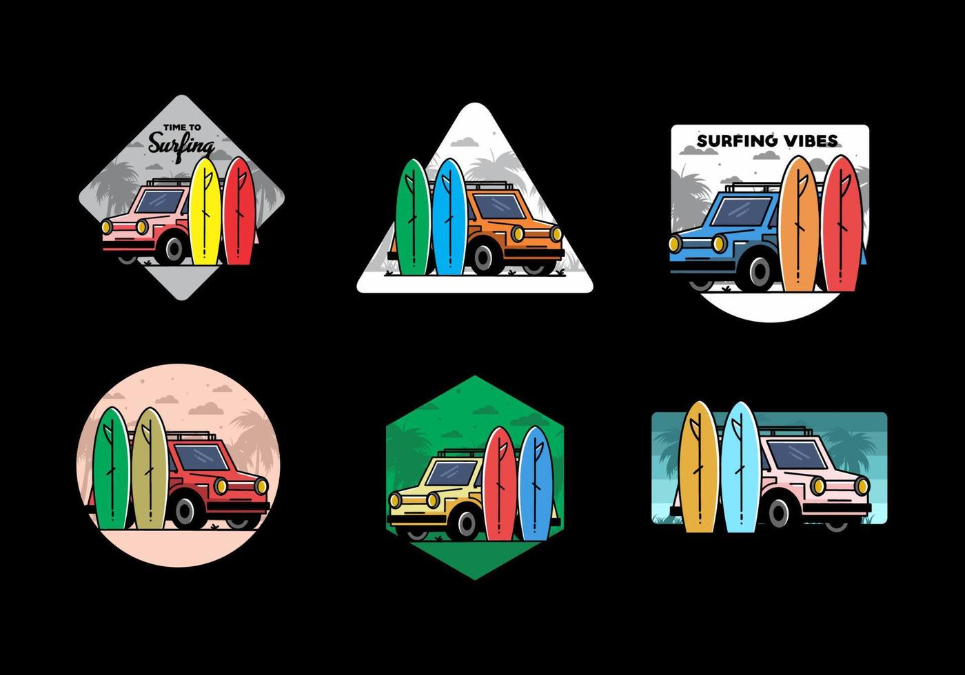 ilustración de coche pequeño y dos tablas de surf vector