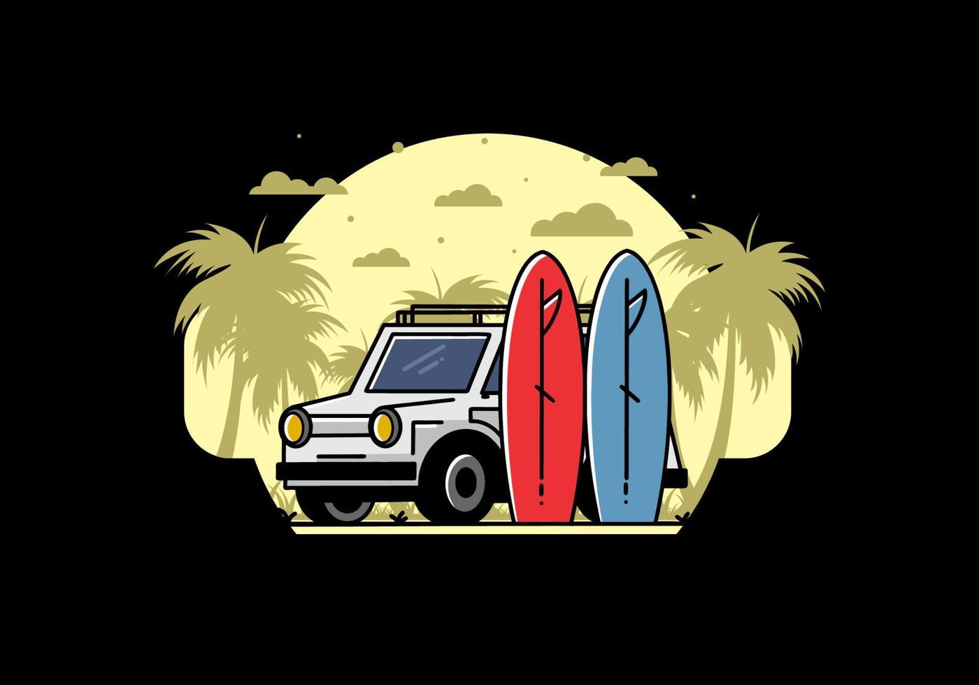 ilustración de coche pequeño y dos tablas de surf vector