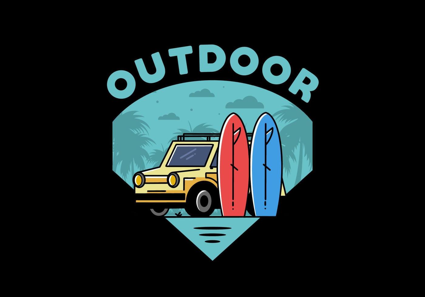 Small car and two surfboards illustration vector