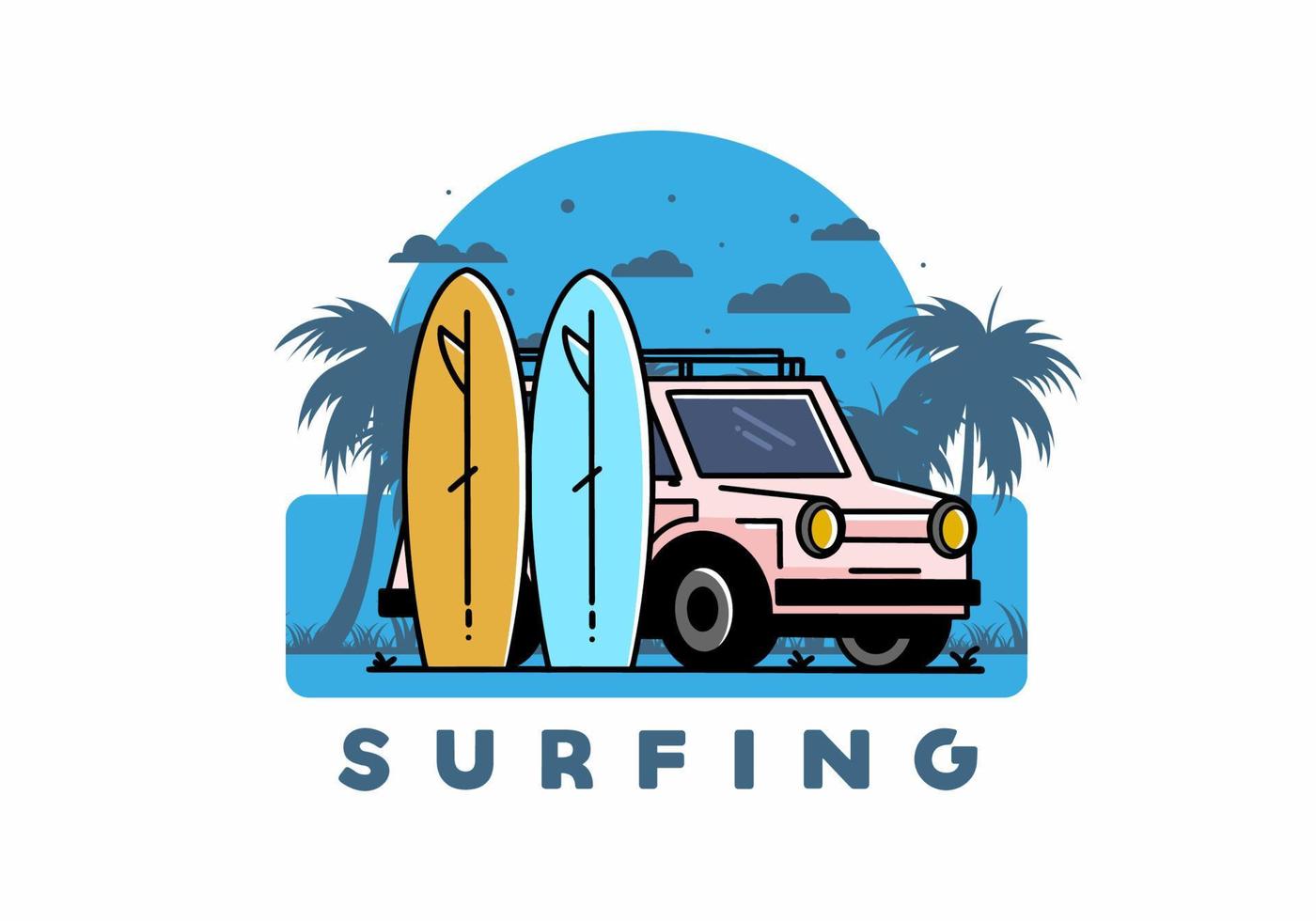 ilustración de coche pequeño y dos tablas de surf vector