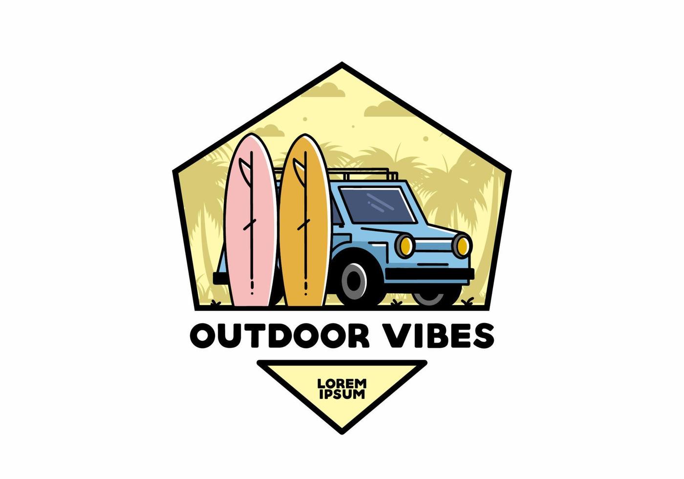 ilustración de coche pequeño y dos tablas de surf vector