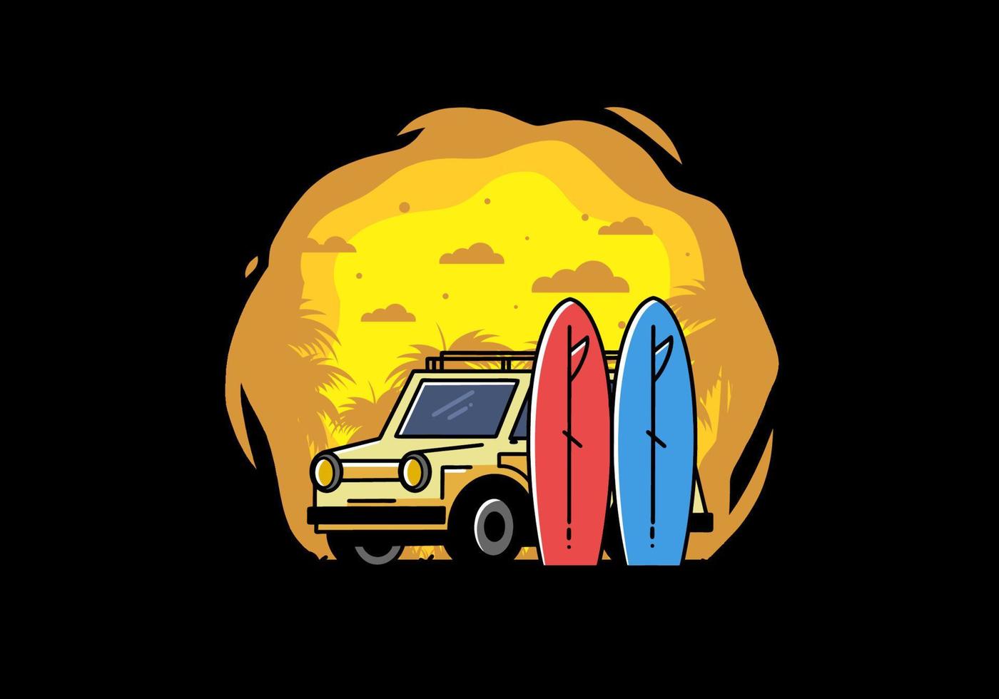 Small car and two surfboards illustration vector