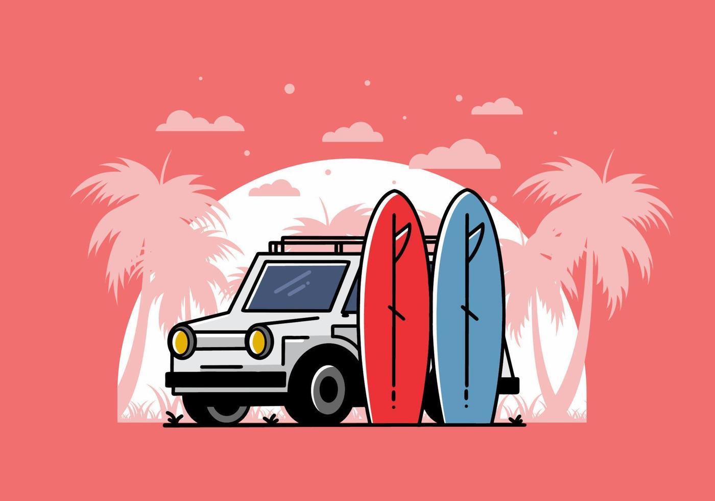 ilustración de coche pequeño y dos tablas de surf vector