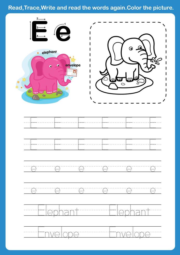 Alphabet Letter E with cartoon vocabulary for coloring book illustration, vector