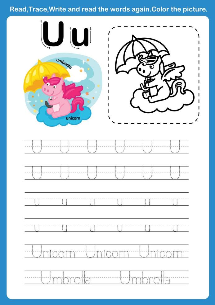 Alphabet Letter U with cartoon vocabulary for coloring book illustration, vector