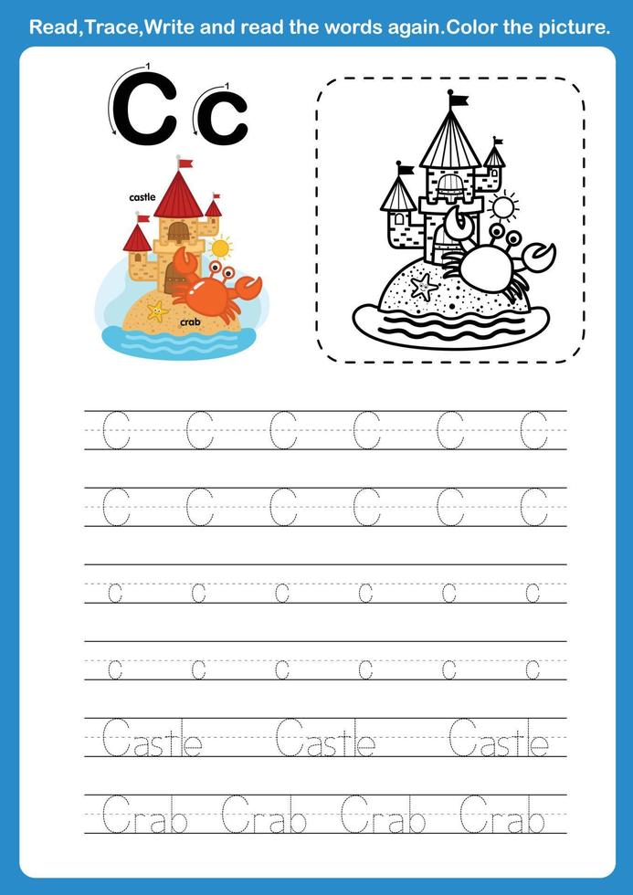 Alphabet Letter C with cartoon vocabulary for coloring book illustration, vector