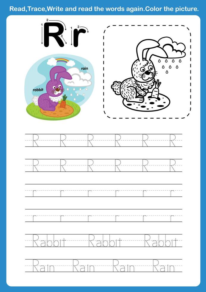 Alphabet Letter R with cartoon vocabulary for coloring book illustration, vector