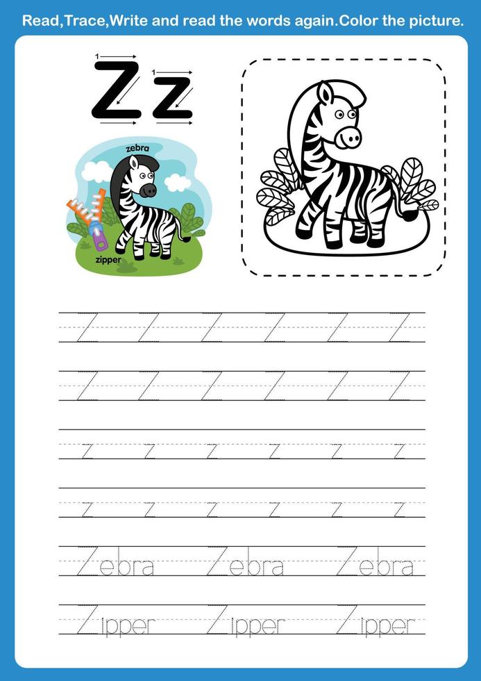 Alphabet Letter Z with cartoon vocabulary for coloring book illustration, vector