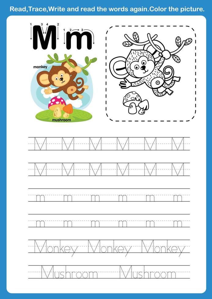 Alphabet Letter M with cartoon vocabulary for coloring book illustration, vector