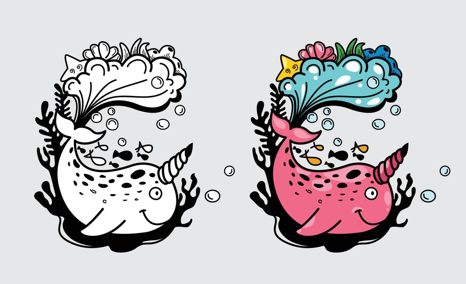 Illustration of isolated colorful and black and white narwhal for coloring book vector