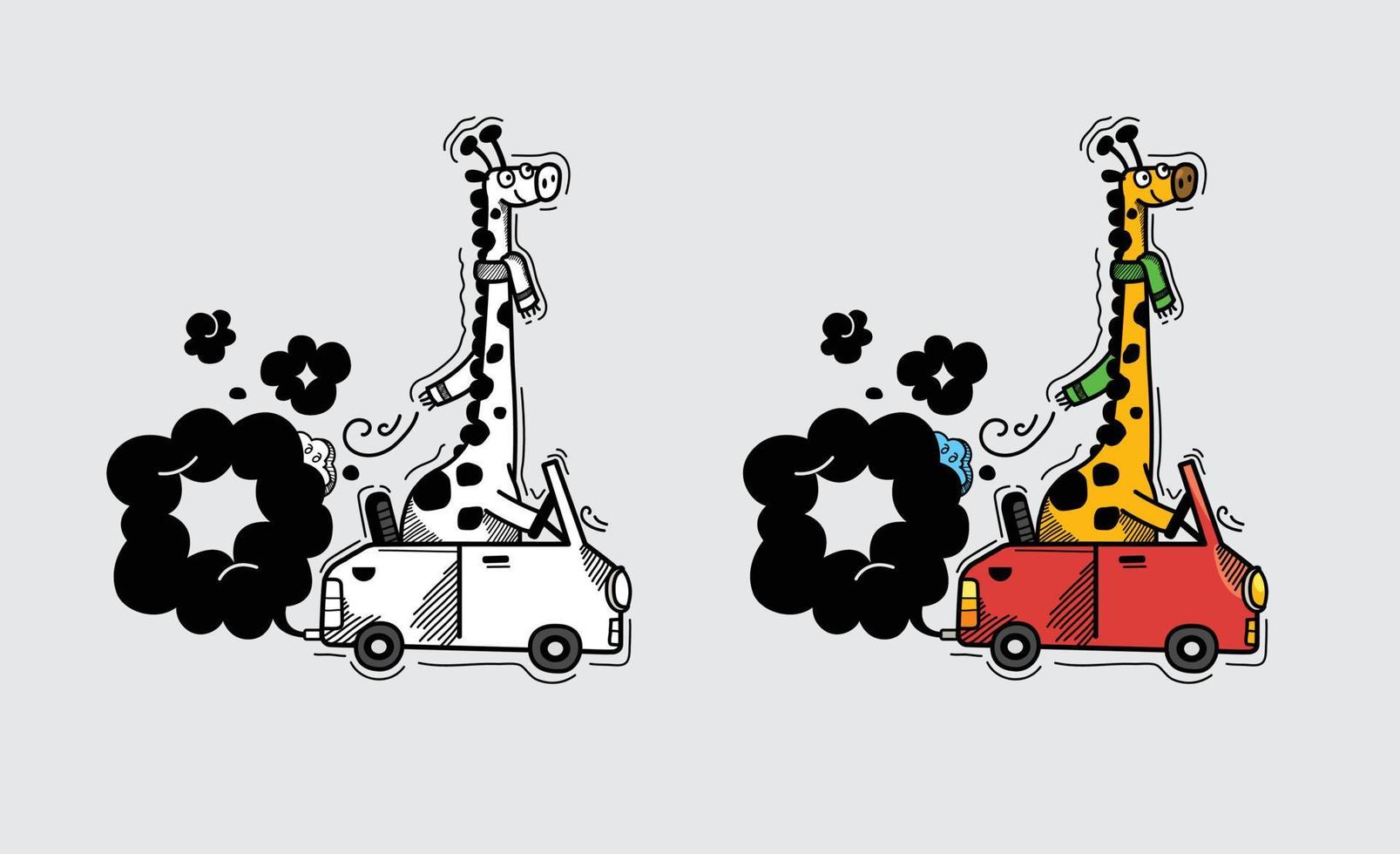 Illustration of isolated colorful and black and white giraffe for coloring book vector