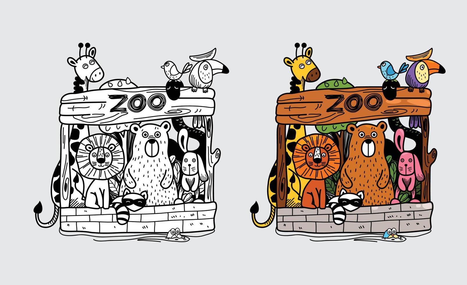 Illustration of isolated colorful and black and white zoo for coloring book vector