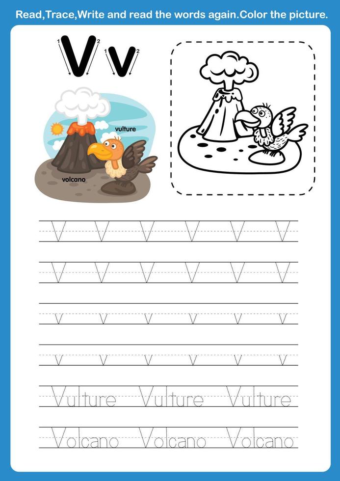Alphabet Letter V with cartoon vocabulary for coloring book illustration, vector