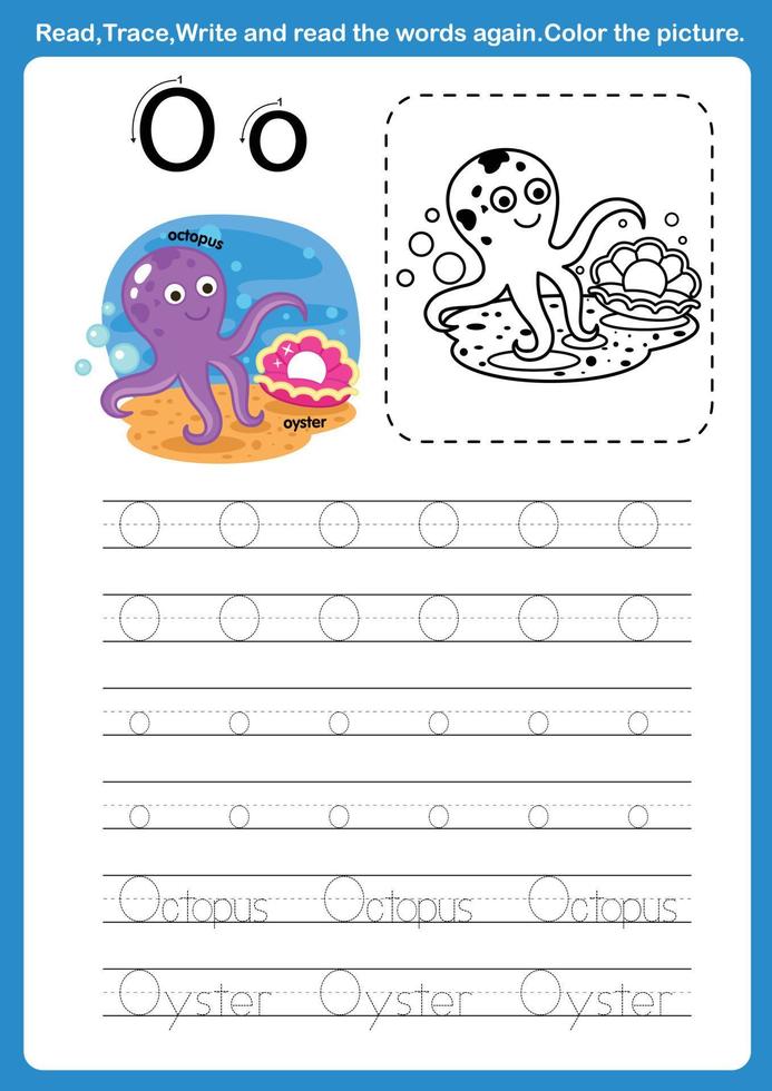 Alphabet Letter O with cartoon vocabulary for coloring book illustration, vector