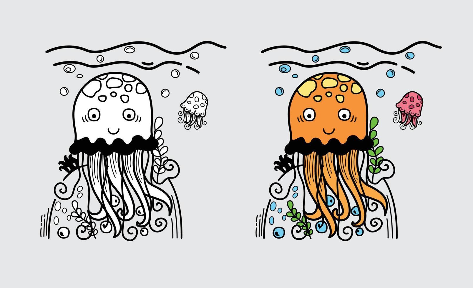 Illustration of isolated colorful and black and white jellyfish for coloring book vector