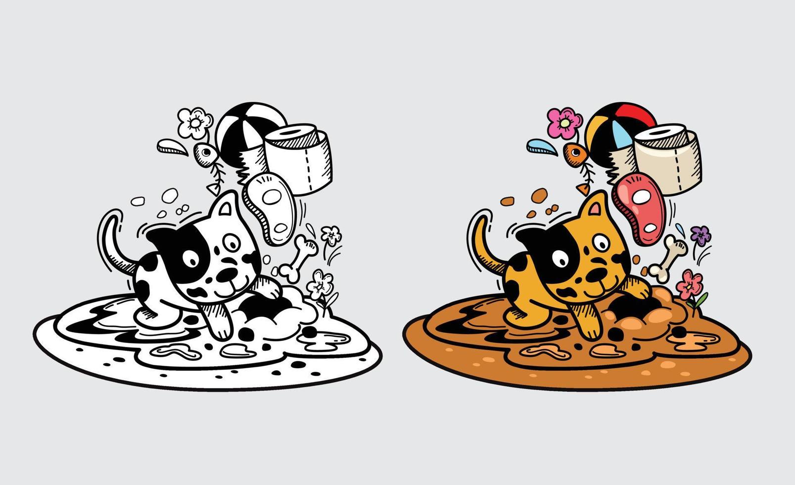 Illustration of isolated colorful and black and white dog for coloring book vector