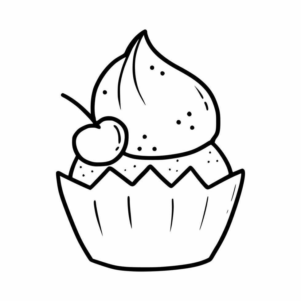 Cupcake with cherries and buttercream. Dessert for holiday. Vector doodle illustration. Coloring food. Sketch.