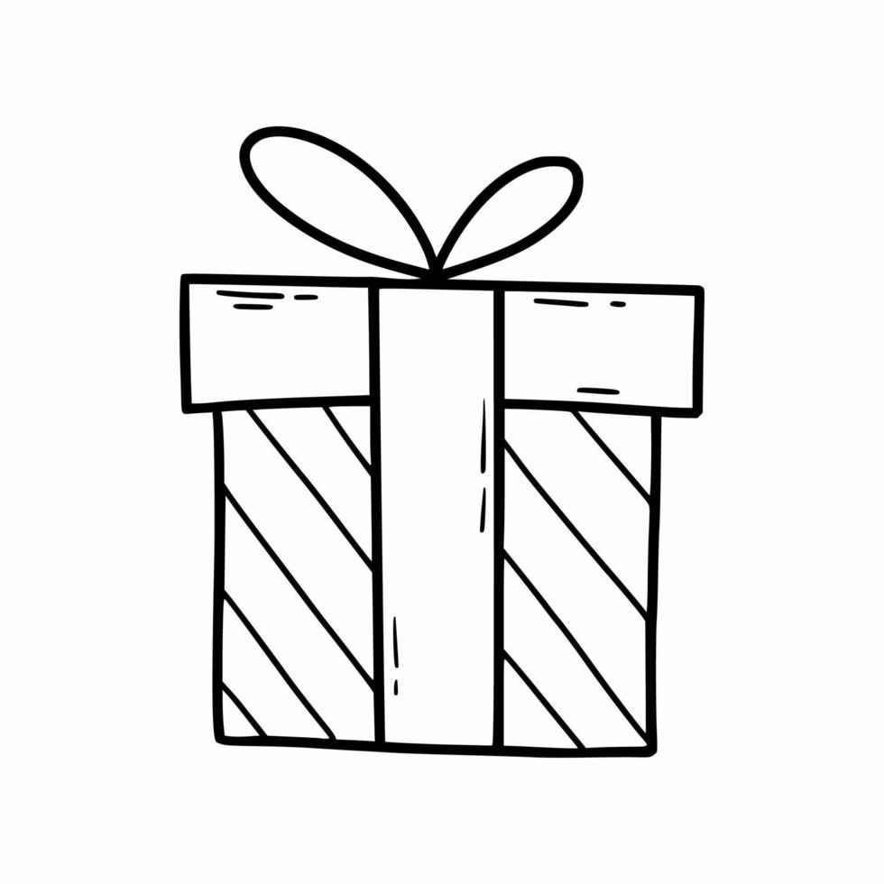 Gift box with bow on white background. Vector doodle illustration. Hand drawn sketch.