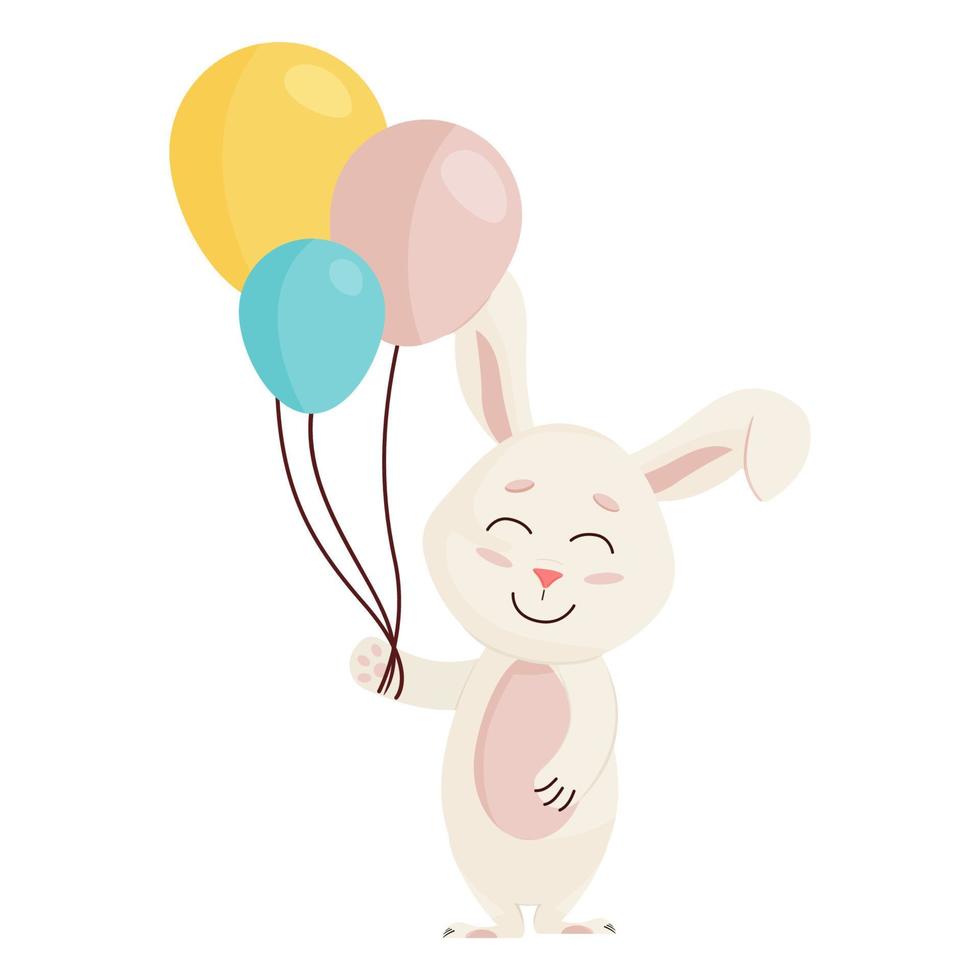 Bunny Character. Cute Funny, Happy Easter Cartoon Rabbit with Three Balloons vector