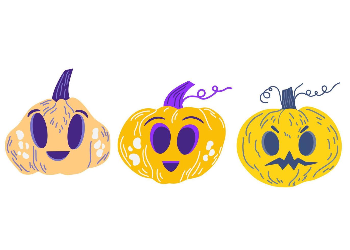 Pumpkin Halloween set. Orange pumpkins with smiles for your design for the holiday. Happy Halloween Vector cartoon illustration isolated on the white background.