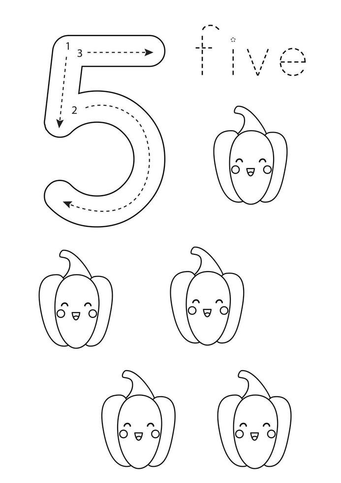 Flashcard number 5. Preschool worksheet. Black and white peppers. vector