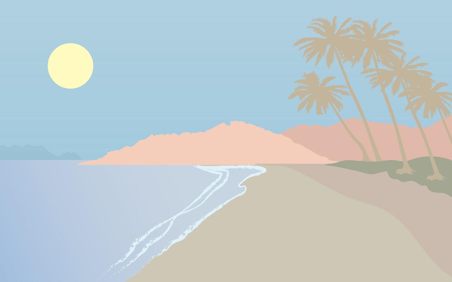 Vector illustration of sea, sand beach and mountains, pastel tones.