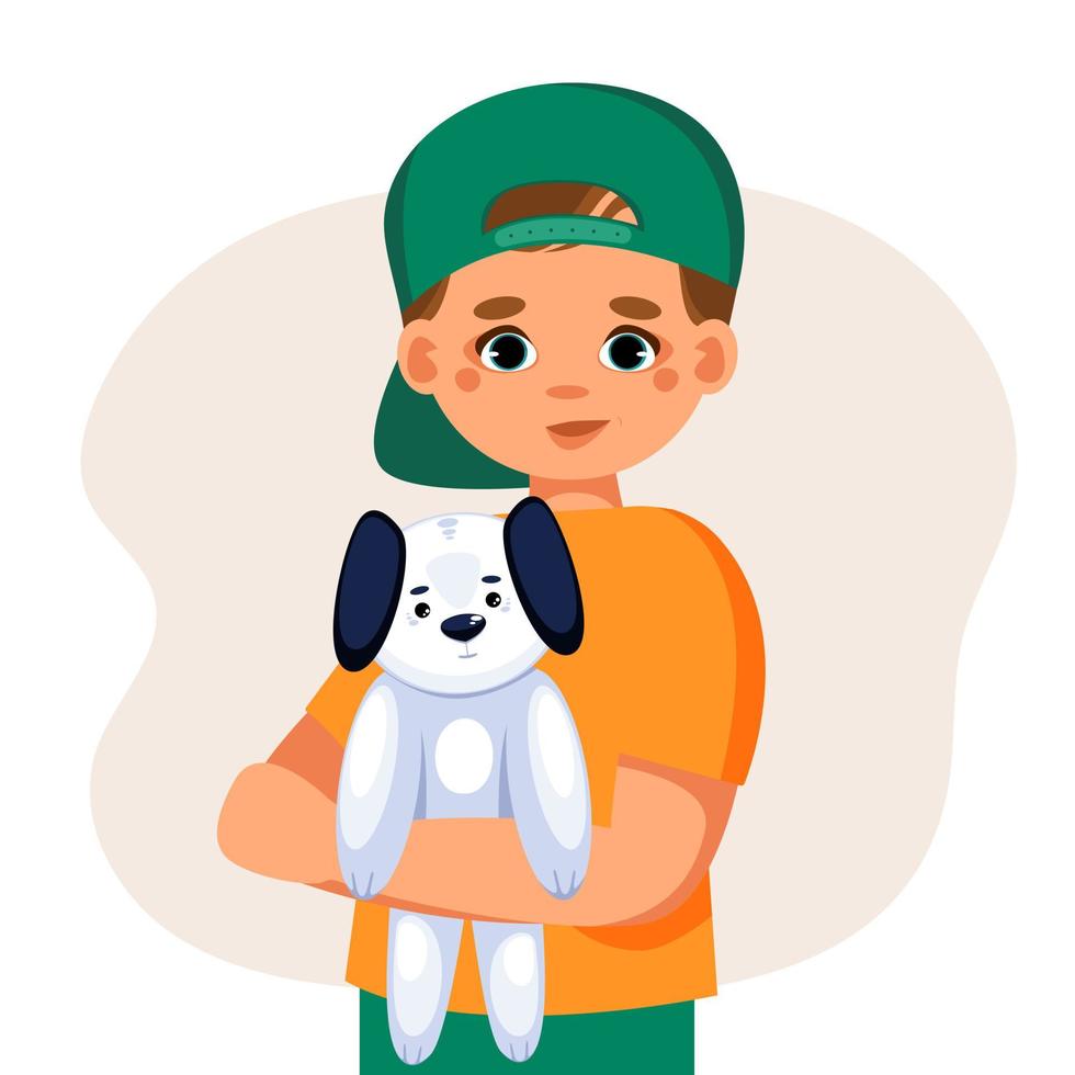 niño con perro de juguete en sus manos. sociedad benéfica que protege, educa a los huérfanos de ayuda asistencial. concepto de apoyo caritativo a los niños. ilustración vectorial vector