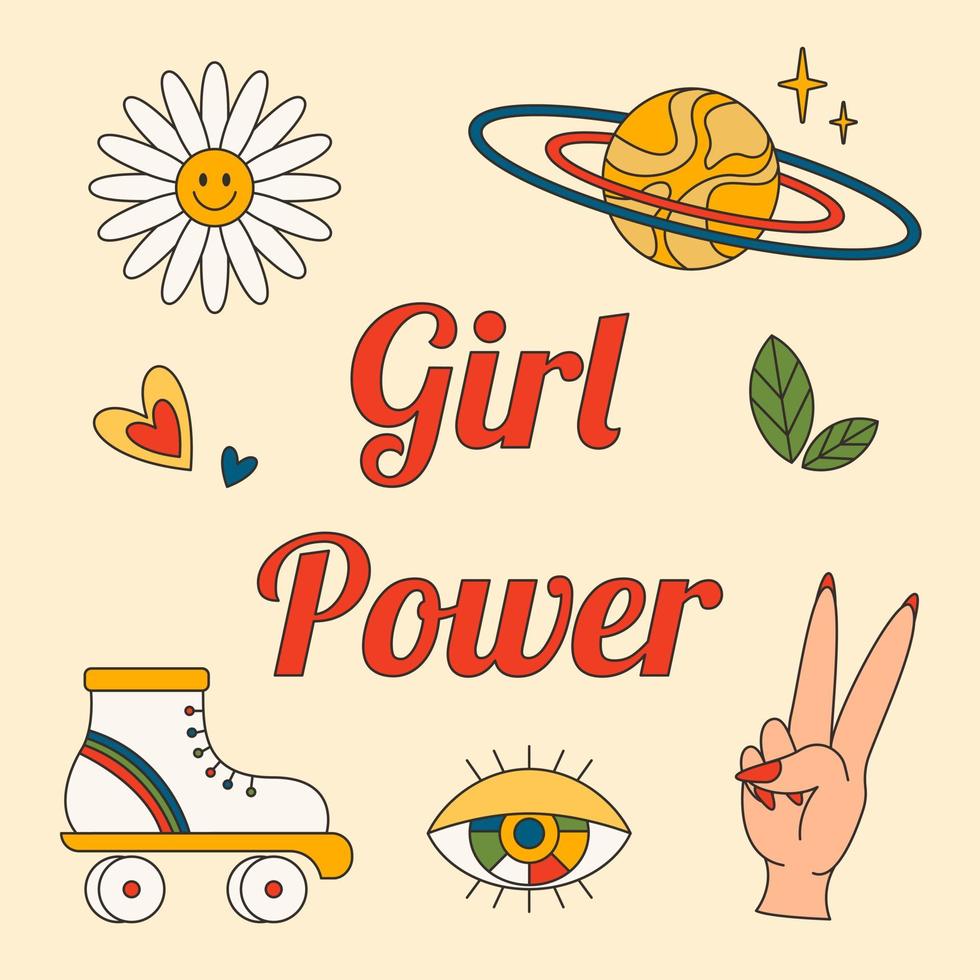 Girl Power. Feminism concept. Groovy Colorful Banner 70s style. Vector Retro Poster, Brochure, Background. Team against discrimination. International Woman Day.