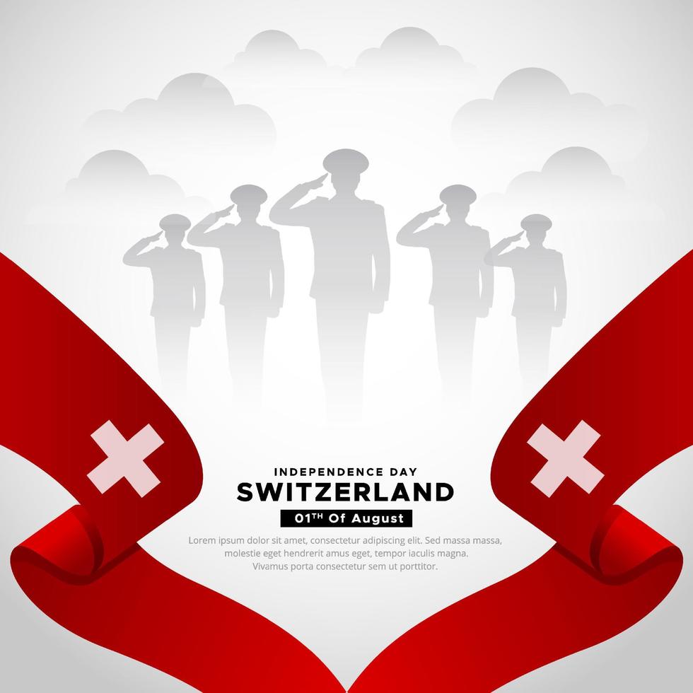 Modern Switzerland independence day design background with wavy flag and soldier silhouette. vector