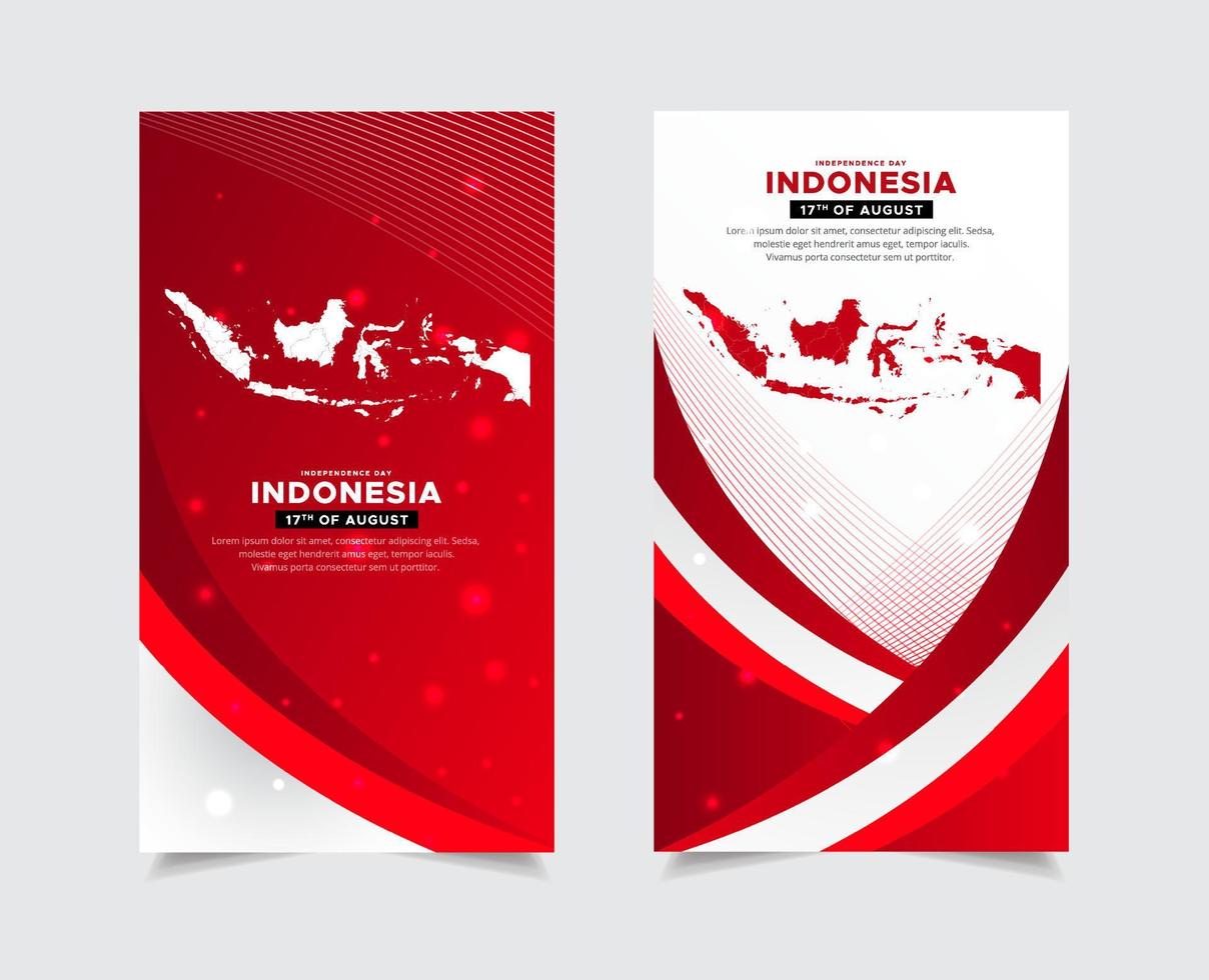 feliz día de la independencia de indonesia plantillas historias con mapas de indonesia vector y bandera ondulada.