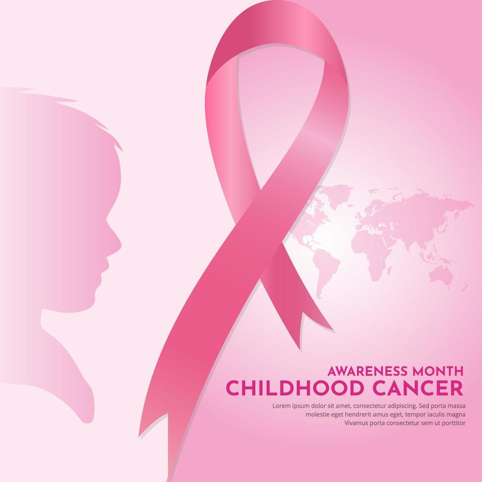 diseño del mes de concientización sobre el cáncer infantil con cinta rosa, mapas del mundo y niño silueta. vector