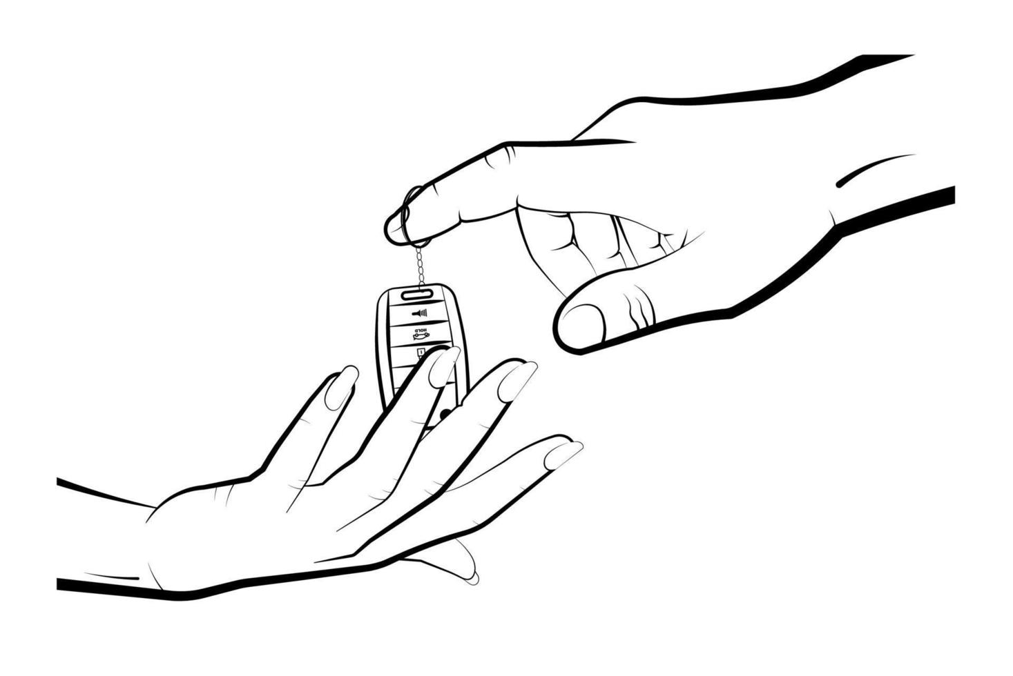 man hand gives the woman a folding car keychain with remote control. Car alarm, key fob. Expensive gift. Black and white vector