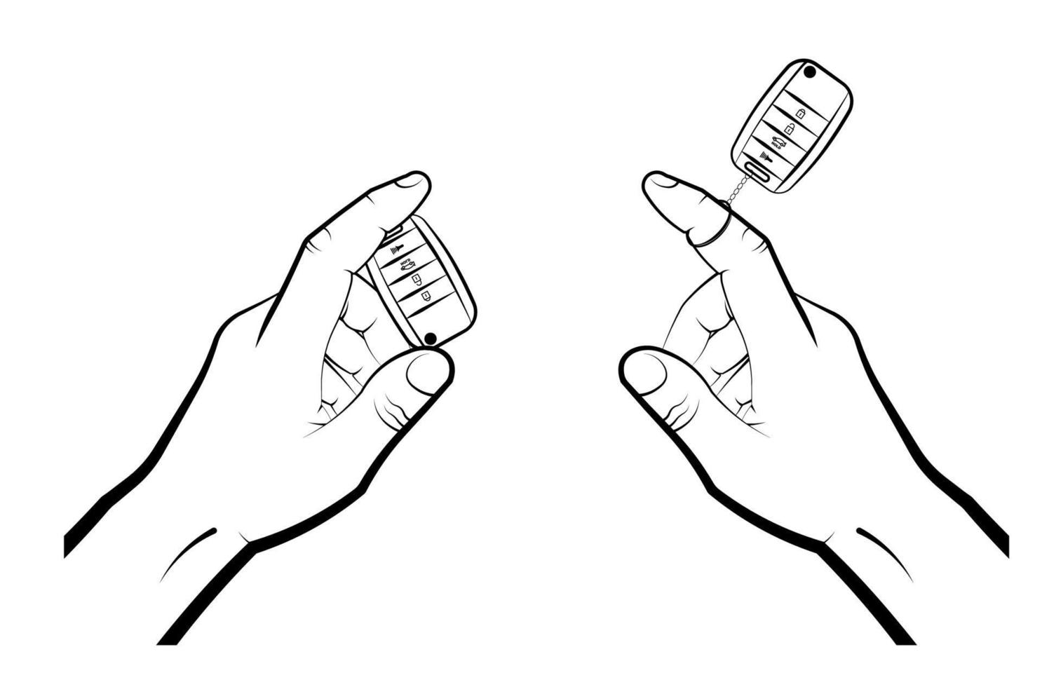 man hand twists a folding car key with remote control on his finger. Car alarm, key fob. black and white vector in flat and linear style