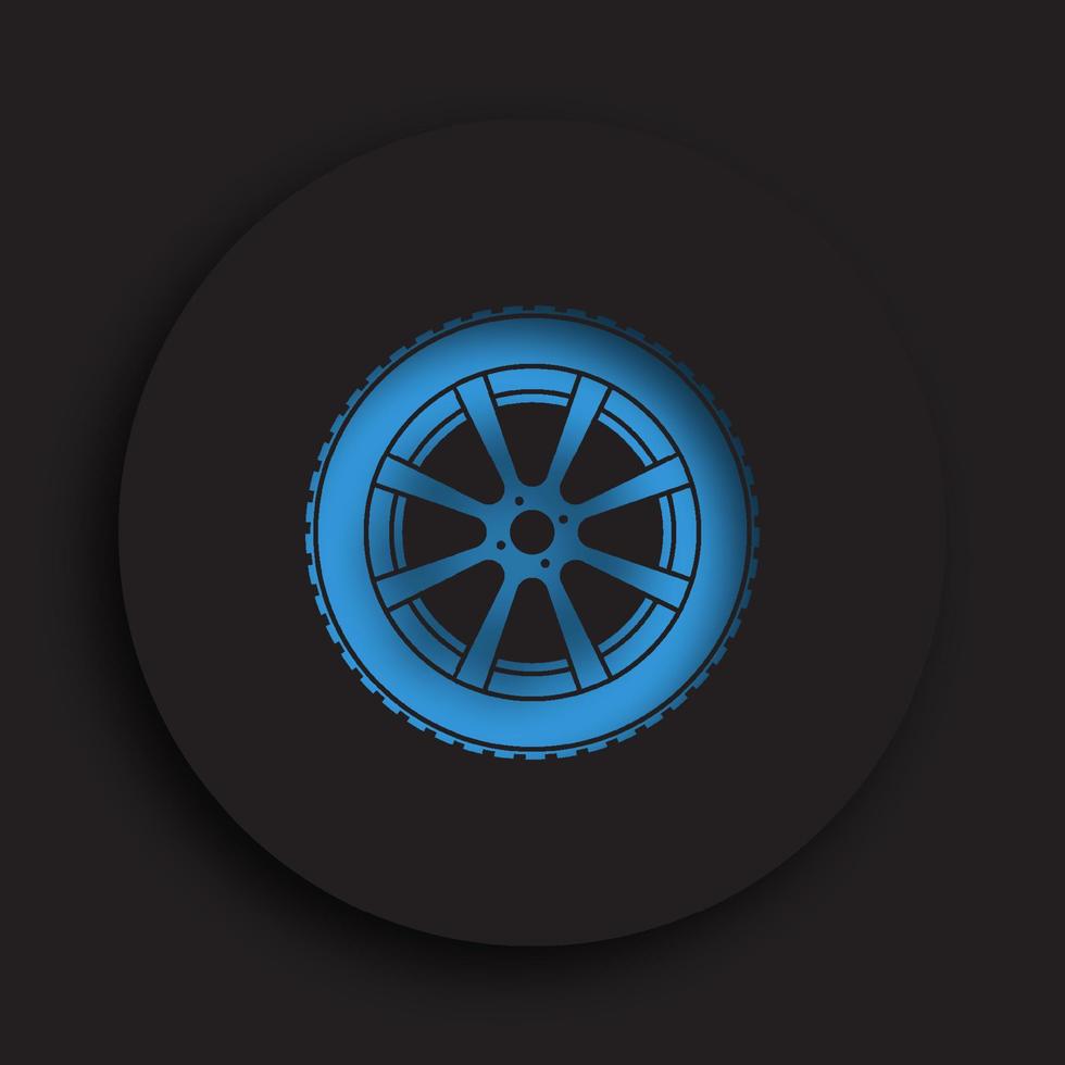 wheel with tire and winter rubber tread in neomorphism style on dark background. Winter tires for car. Driving on slippery road. Driving safety. Vector