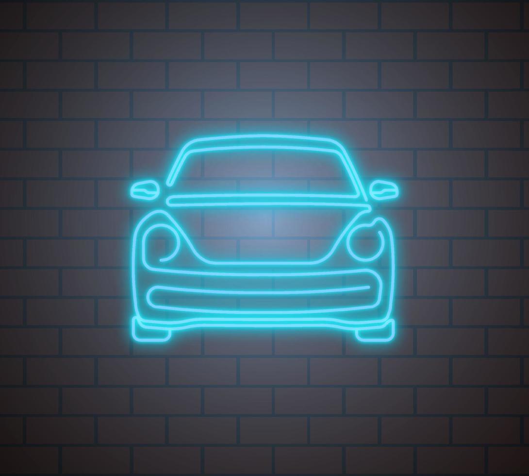 icono de coche con retroiluminación azul neón en el fondo de la pared de ladrillo. conducción de automóviles, mantenimiento en el centro de servicio. carretera segura. vector