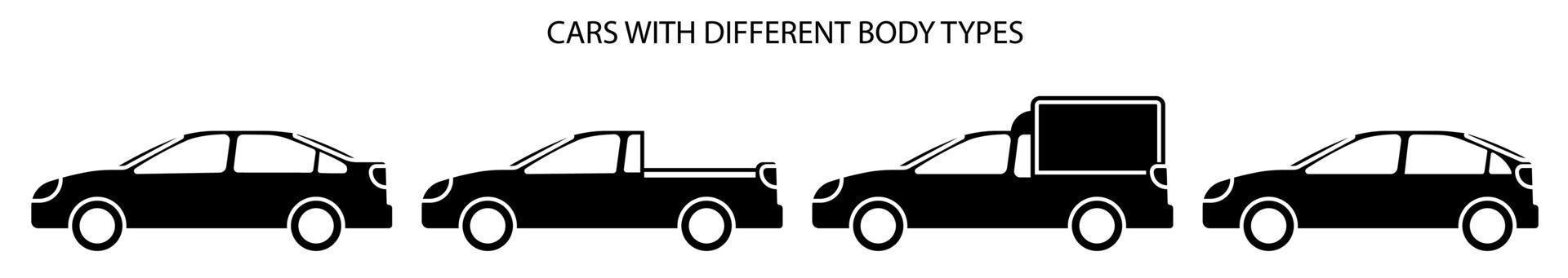 Car icons with different body types. Differences between cars in shape and dimensions. Set of vector icons