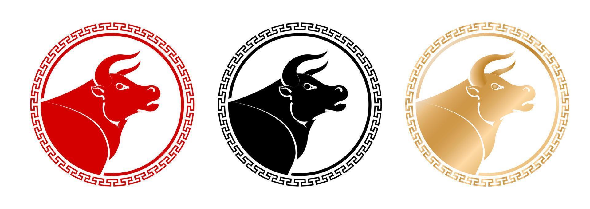 2021 Chinese new year of ox. Red, black and gold logo with traditional decorative ornament. Bull is a symbol of the new year 2021 vector