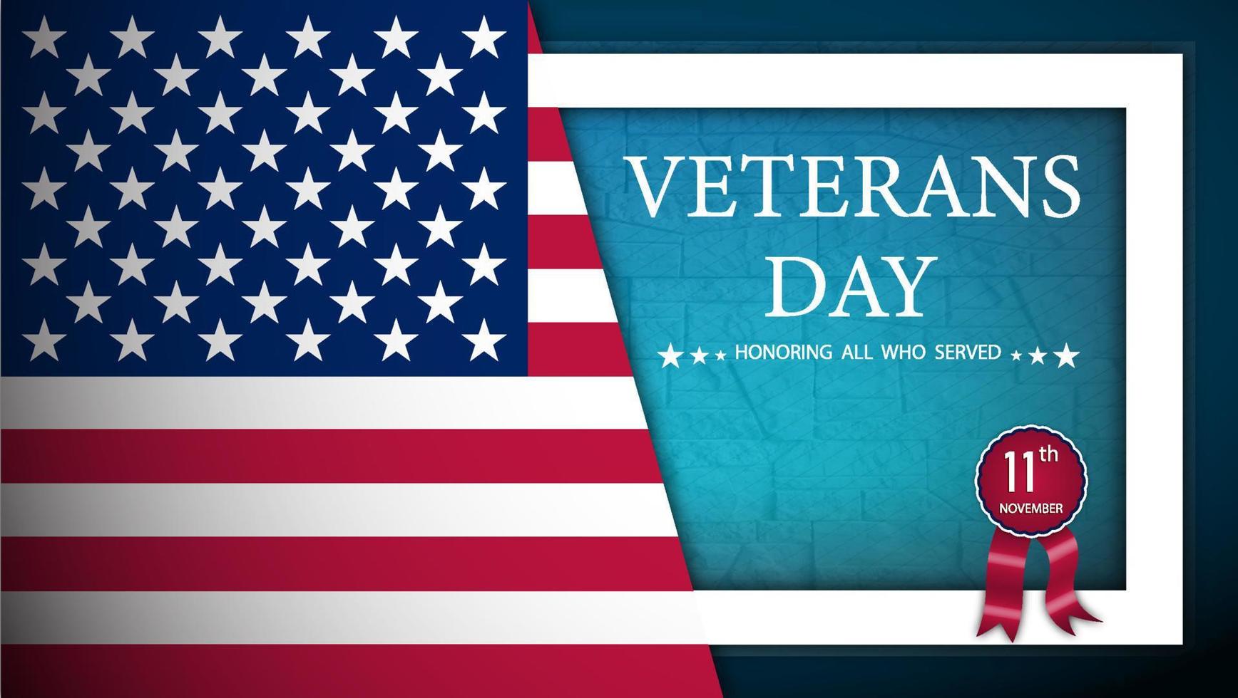 banner web feliz día de los veteranos con bandera estadounidense y muro conmemorativo en el fondo. bandera americana ondea en el viento. vector