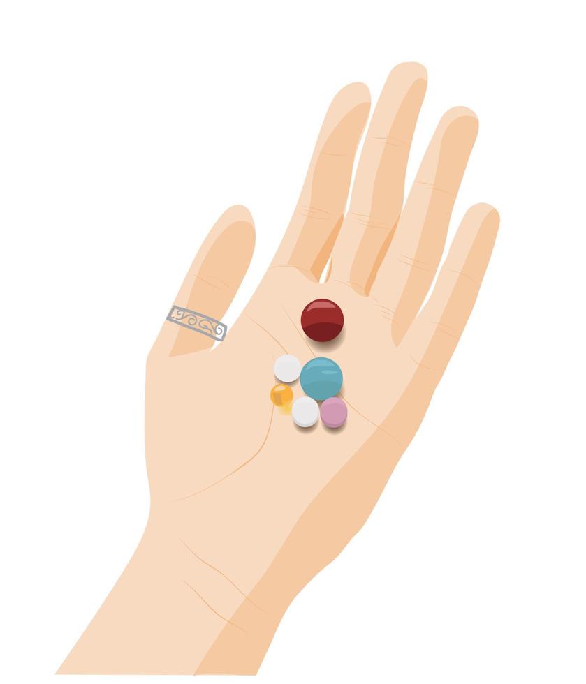 mano humana con 6 tabletas en la palma y un anillo de plata en el pulgar. ilustración de stock vectorial aislada sobre fondo blanco. vector