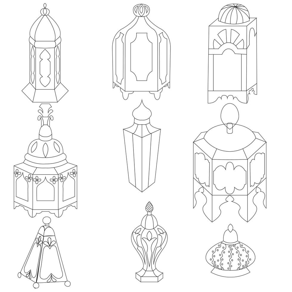 Set of oriental lanterns in doodle style. Decoration. Vector illustration.
