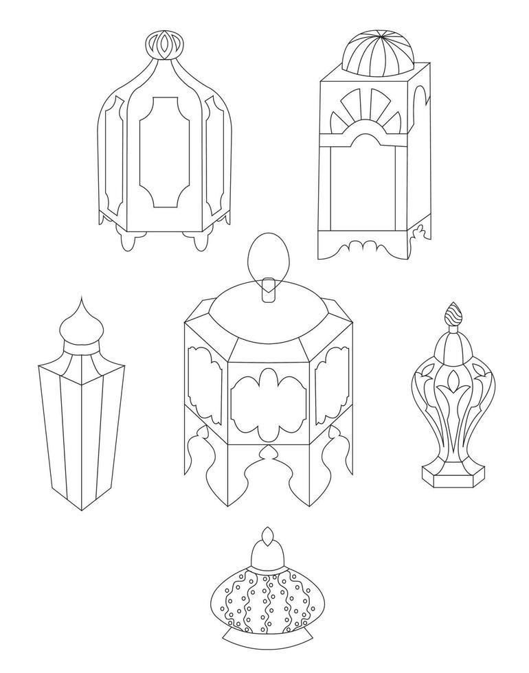 Set of oriental lanterns in doodle style. Decoration. Vector illustration.