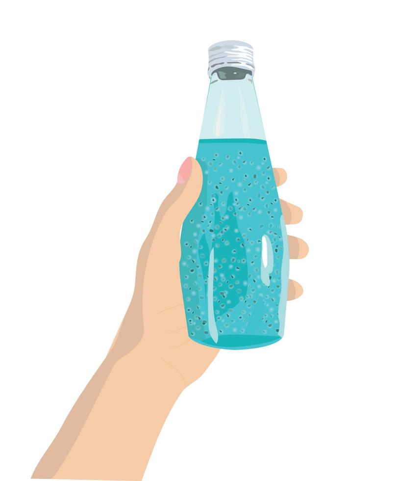 una mano sosteniendo una botella con una bebida azul que contiene semillas de basilea. ilustración de stock vectorial aislada sobre fondo blanco. vector