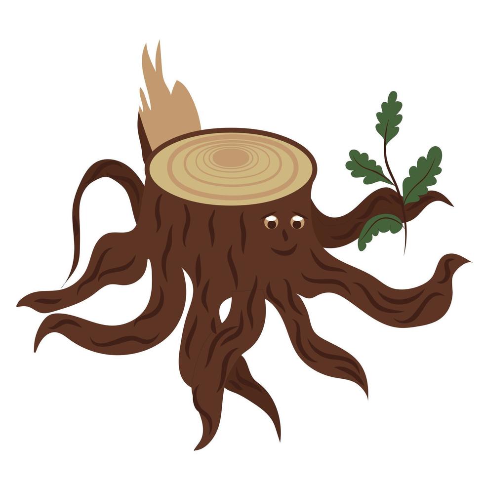 Character. Forest monster. The old stump protects the roots of a young sprout. Vector illustration.