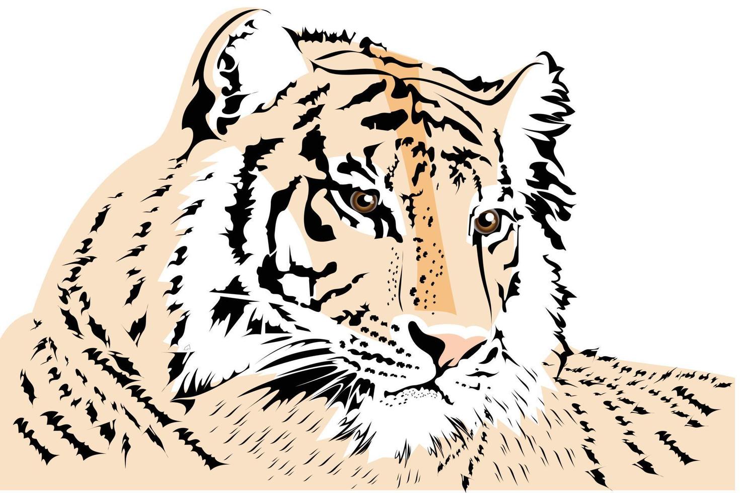 un tigre tirado en el suelo con un pelaje rayado y ojos brillantes vector