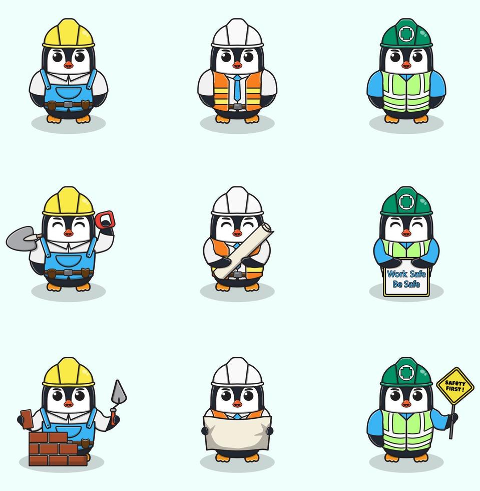 ilustración vectorial del trabajador pingüino, constructor, caricatura de trabajador. trabajadores de ingenieros de pingüinos lindos, personajes de constructores aislados ilustración de dibujos animados. Ilustración vectorial sobre fondo blanco vector