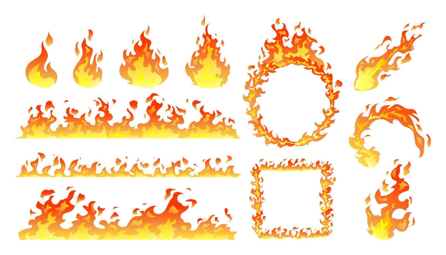 Collection of fire flames, burning bonfire, fireball, heat wildfire, burning effect cartoon illustration vector