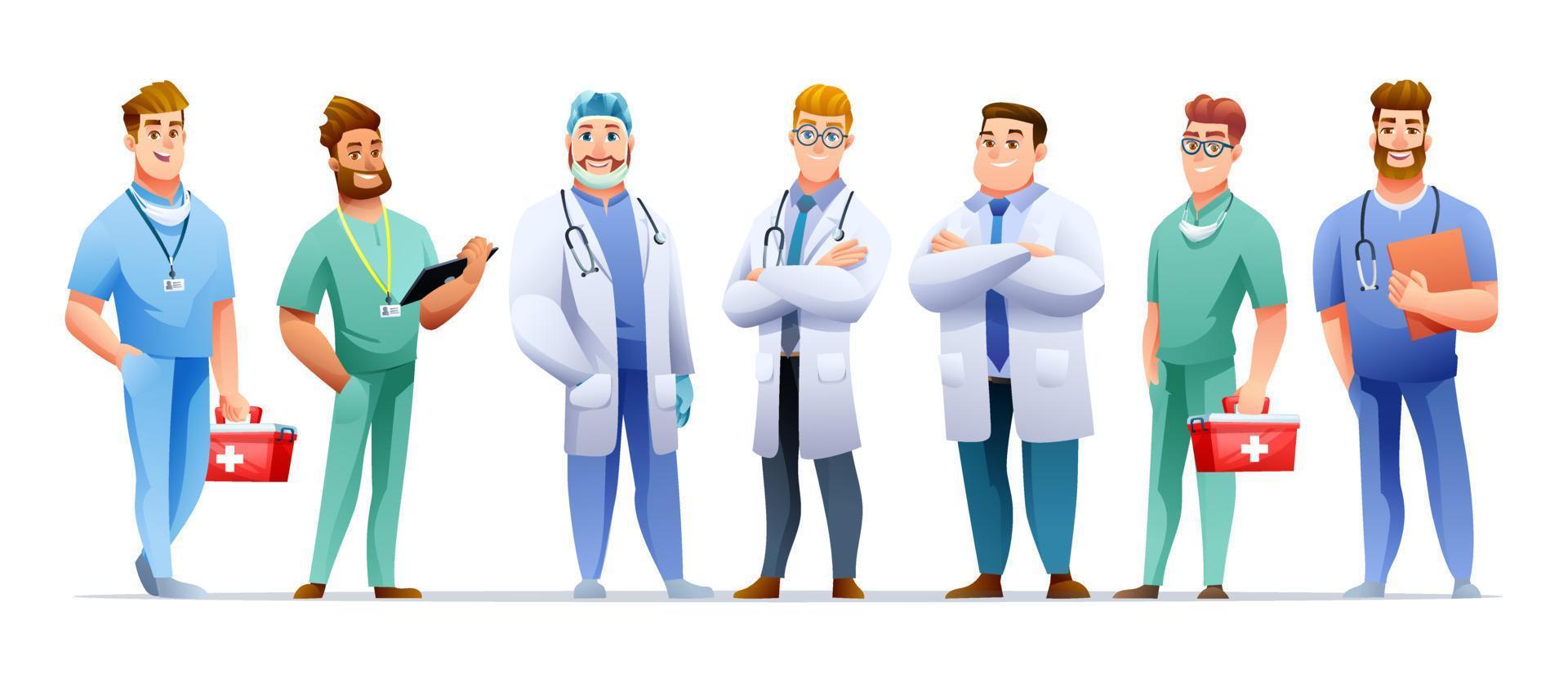 conjunto de personajes médicos y enfermeros masculinos en estilo de dibujos animados vector
