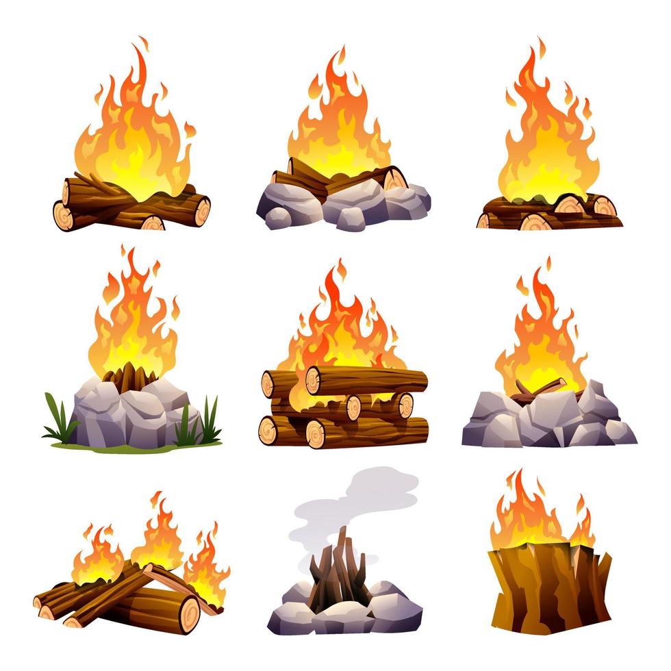 Collection of campfire in different types. Bonfire set in cartoon style vector