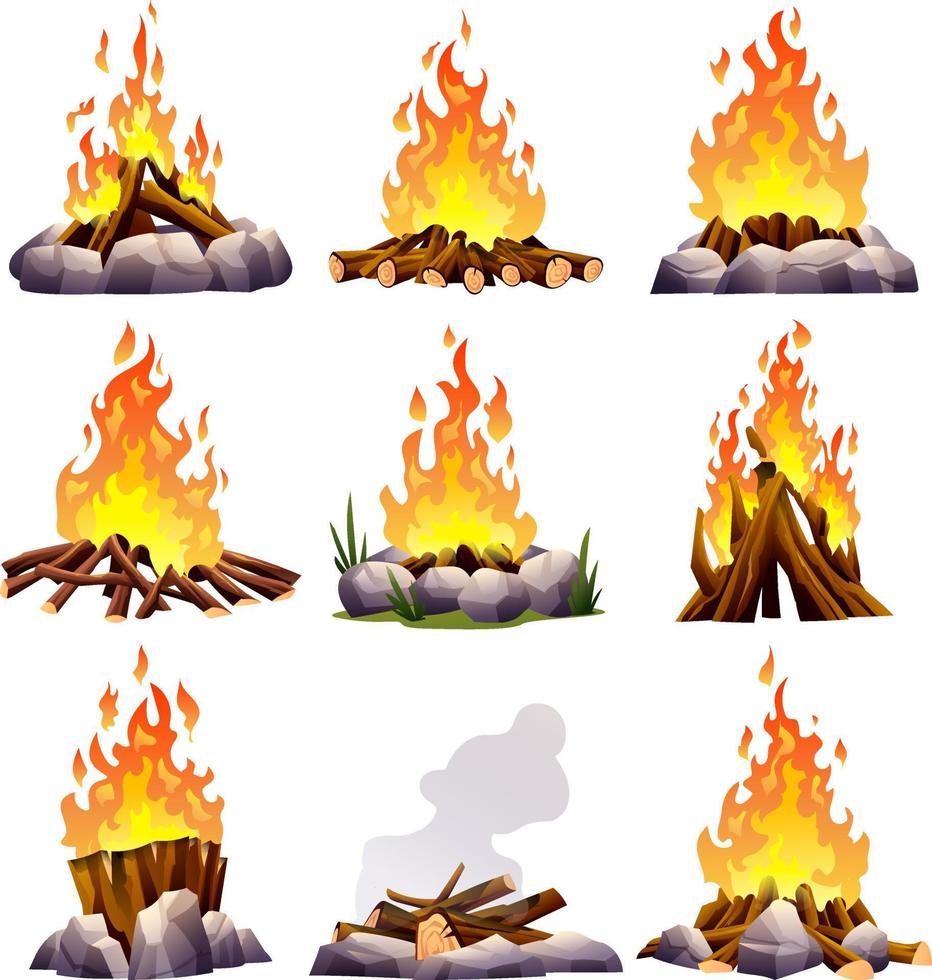 Fireplace bonfire or campfire in different types. Firewood flames cartoon vector illustration
