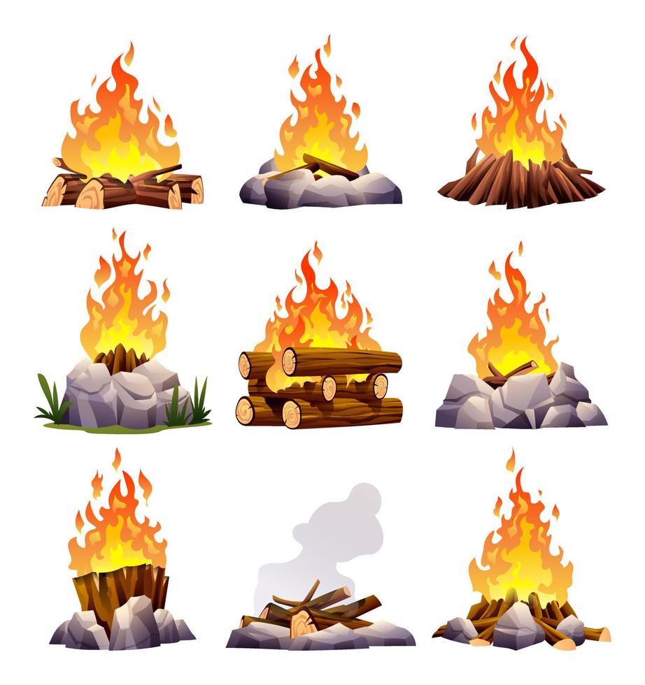 Bonfire sets in different types. Collection of campfire cartoon illustration vector